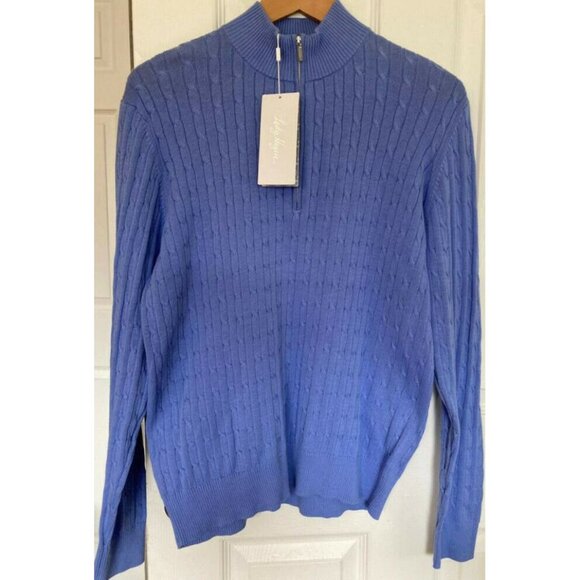 100% Cotton Lady Hagen Impressionist Blue Persian Cable-Knit Quarter-Zip Size L - Picture 1 of 8